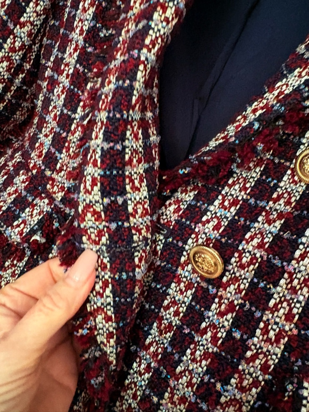 Tahari Burgundy Multi Tweed Fringe Double-BreastedRed/Burgundy Blazer - Picture 7 of 9